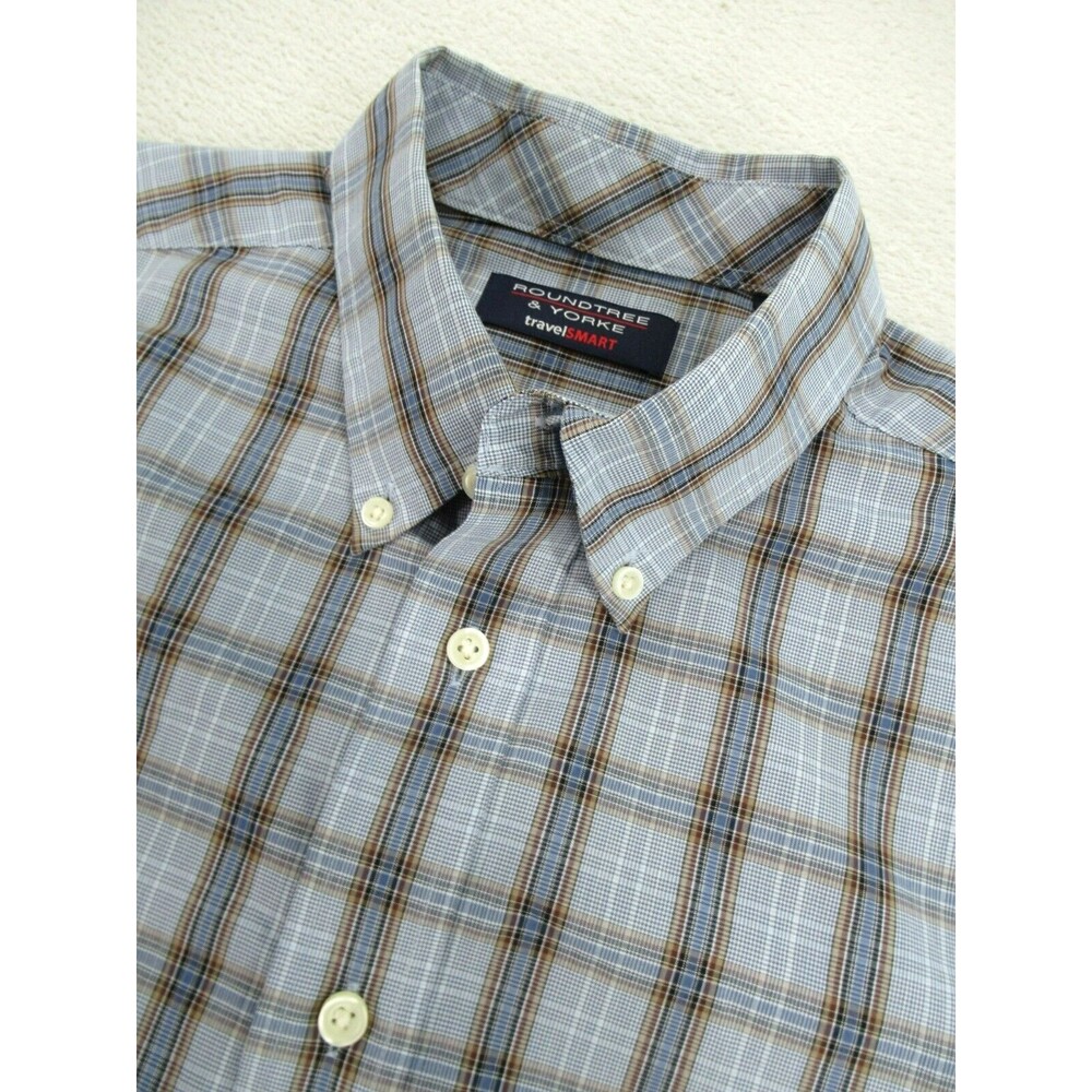 Roundtree & Yorke Travel Smart Men's Sz. Large Button Down Shirt Blue Plaid
